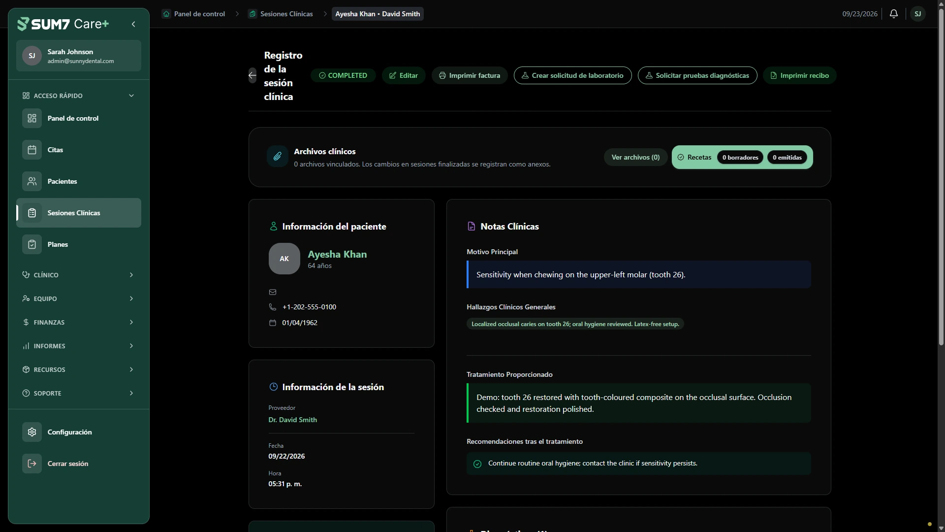 Vuelva al registro del tratamiento y su contexto de facturación. · Escritorio