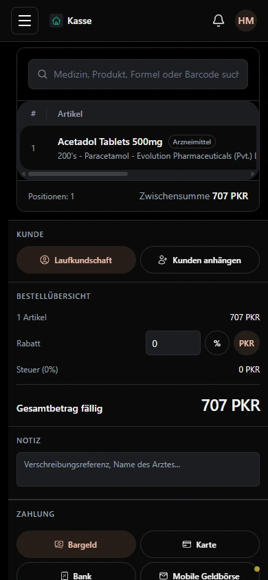 Halten Sie den Verkauf klar vom Artikel bis zum Gesamtbetrag. · Mobilgerät