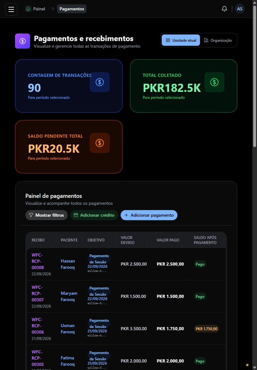 Revise os pagamentos em um registro. · Tablet